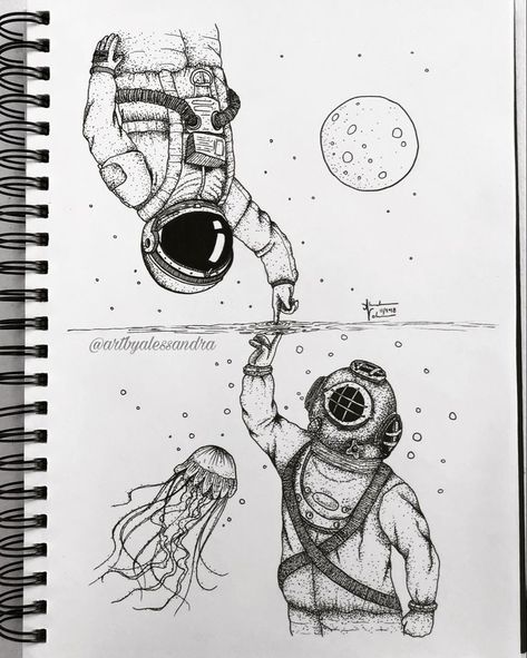 Astronaut Deep Sea Diver Tattoo, Astronaut And Deep Sea Diver, Astronaut And Diver Drawing, Animals In Space Drawing, Unique Art Techniques, Astronaut And Diver, Weight Journal, Diver Art, Constellation Design