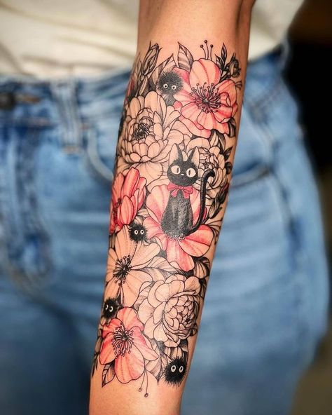 Floral Studio Ghibli Tattoos, Pokémon Tattoo Sleeve, Anime Wrist Tattoo, Flower Tattoos Cover Up, Ghibli Sleeve Tattoo, Pokemon Tattoo Sleeve, Anime Flower Tattoo, Studio Ghibli Tattoo Sleeve, Kawaii Tattoo Sleeve