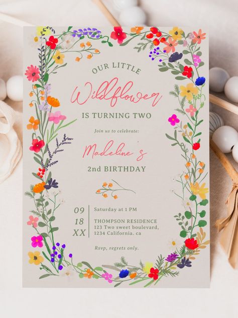 Modern chic boho bright wild flowers 2nd birthday invitation Add a touch of bohemian elegance to your baby milestone, 2nd birthday with our Modern Chic Boho Bright Elegant Colorful wild flowers second birthday Invitation. Featuring pink, red, green, and purple hues botanical flowers inspired by wildflowers and watercolor rustic gardens with subtle greenery and modern boho script typography #birthday #happybirthday #birthdaycards #birthdayparty #2ndbirthday #boho #flowers #floral #wildflower Initials Wedding Invitation, Elegant Birthday Invitations, Colorful Invitations, Modern Birthday, Bright Boho, 2nd Birthday Invitations, Wedding Initials, Boho Garden, Elegant Birthday