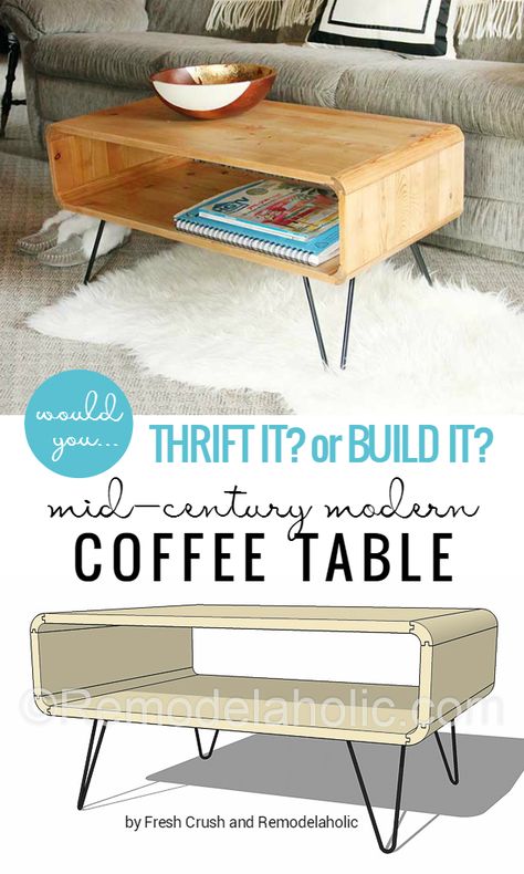 Mid-Century Modern Coffee Table -- made from thrifted cubbies OR build your own with a little bit of creative saw work! @Remodelaholic Table Diy Ideas, Mcm Diy, Farmhouse Chic Living Room, Diy Mid Century Modern, Diy Mid Century, Diy Dining Room Table, Crate Coffee Table, Diy Tables, Modern Home Decor Living Room