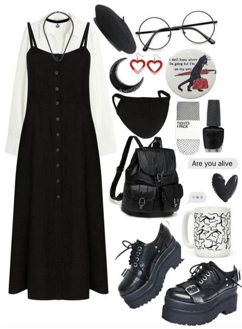 Dress With T Shirt Under, Casual Goth Aesthetic, Soft Goth Outfits, Outfit Ideas For Office, Opi Nail Lacquer, Gothic Outfits, Outfit Shoplook, Alternative Outfits, Goth Outfits