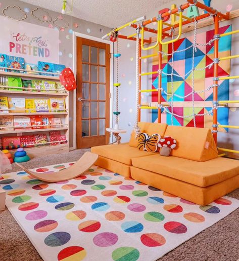 15 Playroom Decor Ideas Kids Will Love | Mummy Time Rainbow Playroom Decor, Playroom Ideas Sensory, Cheap Playroom Makeover, Mural For Playroom, Basement Sensory Gym, Garage To Playroom Conversion, Playroom For Grandkids, Primary Color Playroom, Toddler Girl Playroom Ideas