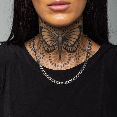 Current trends for throat female neck tattoos in 2022. Choose the best women's throat tattoos from our list with an explanation of the meanings. Neck Chest Tattoos Women, Animal Neck Tattoo, Neck Tattoos For Females, Neck Tattoos Women Throat, Feminine Throat Tattoos, Throat Tattoos Women, Geometric Throat Tattoo, Tattoo Designs Female, Neck Tattoo Women