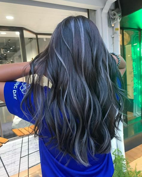 Silver Blue Highlights On Dark Hair, Grey Blue Highlights, Brown Blue Hair, Silver Blue Hair, Midnight Blue Hair, Blue Hair Highlights, Silver Hair Highlights, Hair Change, Dark Blue Hair