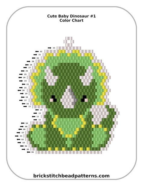 Cute Baby Dinosaur 1 Triceratops Pendant Free Brick Stitch Bead Pattern Color Chart Bead Art Patterns Free, Tiny Brick Stitch Patterns, Brick Stitch Animal Patterns, Brick Stitch Pattern Earring Free, Beaded Dinosaur Pattern, Dinosaur Perler Bead Pattern, Brick Stitch Pattern Free, Beaded Dinosaur, Bead Animals Patterns