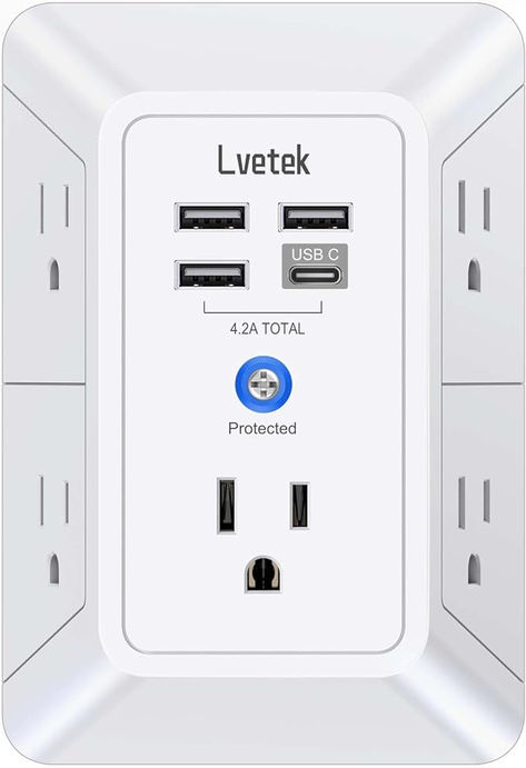 Multi-functional Outlet Splitter: This Multi Plug Outlet Extender can turn 2 into 5, plus 4 USB Ports; 1680 joules surge protector protect electronics by improving your power quality. Wall plug design, No messy power cable, No desktop space occupation, Perfect solution for dorm room, bedside. Outlet Extender, Usb Charging Station, Usb Outlet, Usb Wall Charger, Surge Protector, Office Travel, Wall Plug, Wall Outlets, Extension Cord