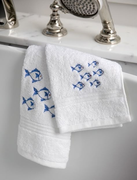 Monogramed Towels In Bathroom, Monogrammed Towels, Beach Towel Monogram Ideas, Embroidered Bath Towels Machine Embroidery, Towel Embroidery Designs, Embroidered Beach Towels, Guest Hand Towels, Embroidered Bath Towels, School Of Fish