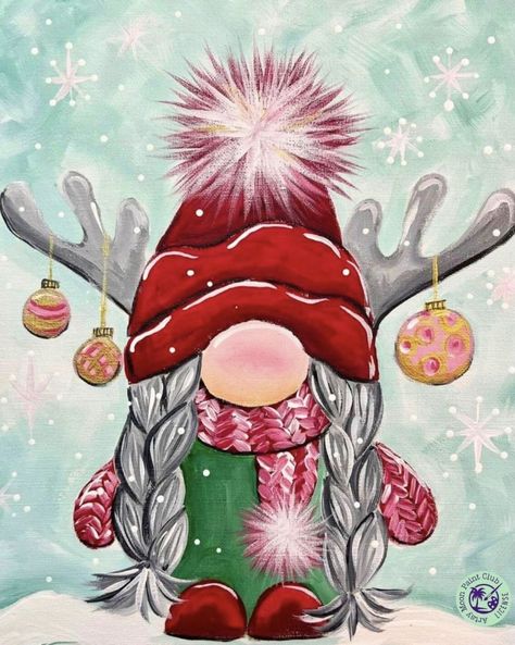 Christmas Gonk Painting, Christmas Gnome Painting Canvas Diy, Girl Gnome Painting, Gnome Paintings On Canvas, Christmas Gnomes Painting, Gnome Painting, Gnome Paint, Christmas Window Painting, Gnome Pictures