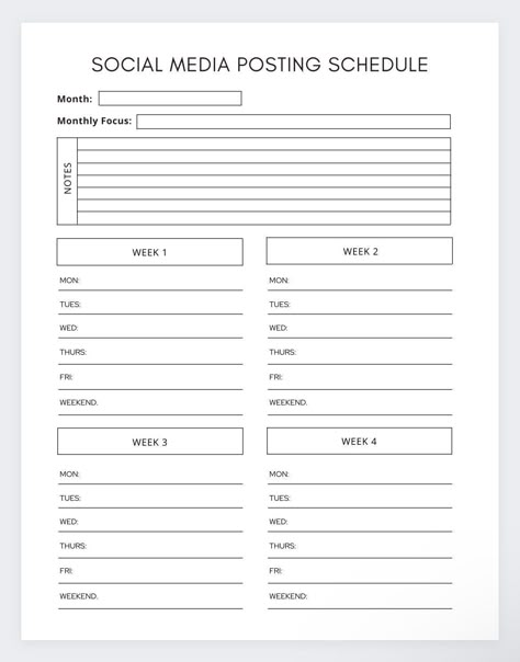 This social media planner allows you to plan and schedule your posts each week for an entire month. Never again be unsure of posts that you will make again this planner allows you the space to make room for all of your schedule plans or ideas. You can even include collaborations or brand deals that you may have also.  This planner makes sure you can organise all of your posts weekly.Never forget important information, key posts of dates again. Keep all of your social media accounts in order easily. Social Media Schedule,Social Media Planner,Social Media Tracker,Instagram Planner,Instagram Tracker,Content Creation,Social Media Planning Planning Organisation, Comunity Manager, Social Media Tracker, Canva Planner, Social Media Marketing Planner, Social Media Content Planner, Brand Deals, Social Media Posting Schedule, Instagram Planner