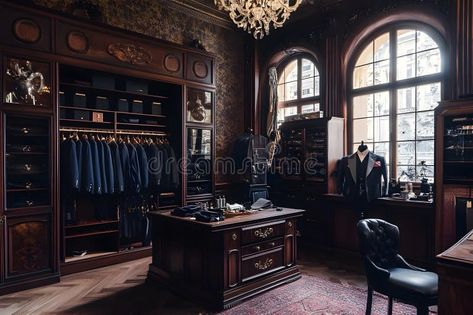 An interior decoration of a tailor shop royalty free stock photography Vintage Tailor Shop, Mock Up Design, Shop Image, Bear Leather, Tailor Shop, Custom Suit, Stock Photography Free, Leather Shops, Black Bear