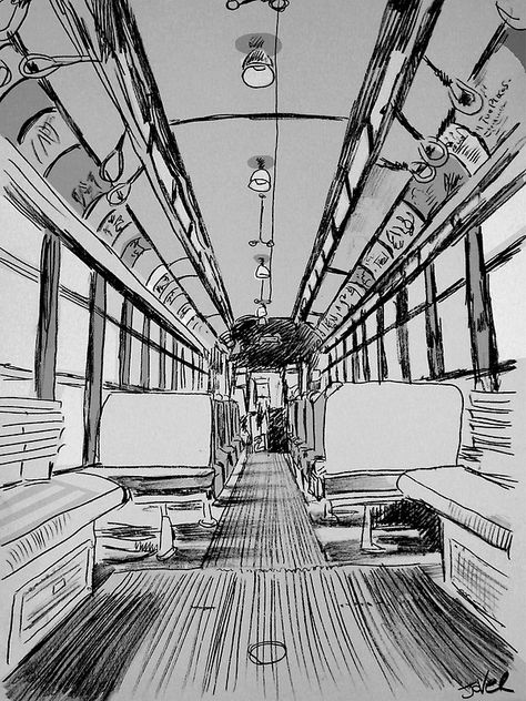 1pt Perspective Drawings, Perspective Drawing Aesthetic, 1point Perspective Drawing, Space Perspective Drawing, Liner Perspective Drawing, One Point Perspective Sketch, Bus Interior Drawing, Bus Perspective, Train Station Perspective Drawing