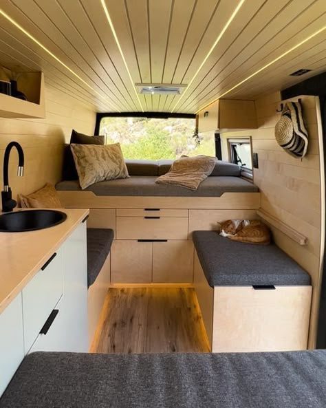 Vanlife Camper by Project Van Life on Instagram: "Introducing Echo, the latest creation from Antony and Romy at @boxedmicroliving! 🚐✨ This converted Mercedes Van camper captures the essence of South African aesthetics with its earthy tones, clean lines, and all-wood interior. It's a home on wheels perfect for exploring South Africa in style.  Check out their other page @travellingtribe_za and learn more about their van life journey.  ---  #campervanhacks #vanlifeproject #vanlifecommunity #motorhome #vanbuildseries #vanbuild #vanlifeculture #vanlifesociety #campervan #camperconversions #camperlifestyle #campervanlife  If you’re interested in learning how to build your own versatile campervan in an affordable way, click the link in our bio and check out VAN LIFE ACADEMY.  We have expert van Camper Van Kitchen Storage, Van Inside, African Aesthetics, Self Build Campervan, Converted Vans, Motorhome Interior, Camper Build, Mercedes Van, Camper Interior Design