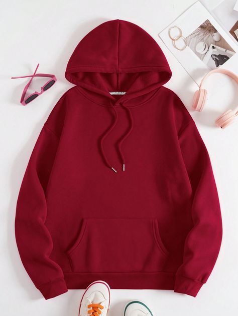 Burgundy Casual Collar Long Sleeve Fabric Plain Pullovers Embellished Slight Stretch Fall/Winter Women Clothing School Dress Code, Thermal Hoodie, Lined Hoodie, Hoodie Women, Autumn Casual, On The Moon, Fleece Sweatshirt, Kids Sleepwear, Casual Fall