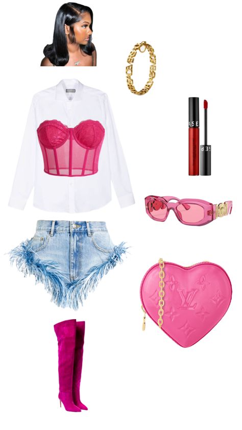 Outfit Ideas / inspiration Pink Outfit Ideas, Outfit Ideas Inspiration, Versace Pink, Pink Boots, Streetstyle Fashion, Pink Outfits, Pink Outfit, Red Lips, Louis Vuitton Handbags