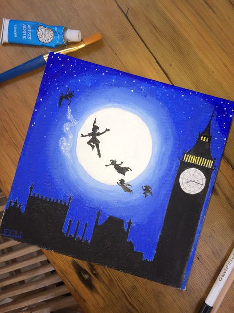 Peter Pan Painting, Tiktok Crafts, Disney Canvas Paintings, Cute Easy Paintings, Colorful Canvas Art, Disney Canvas Art, Fairy Stuff, Disney Canvas, Disney Paintings