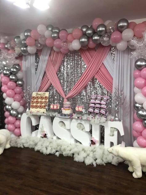 Photo Wall Sweet 16, Pink And Silver Birthday Party Ideas, Sweet 13 Birthday Party Ideas Decoration, Pink And Bling Party, Sweet 16 Pink Decor, Pink Sneaker Ball Party, Sweet 16 Gift Table, Sweet 16 Color Ideas, Pink And Silver Baby Shower Ideas