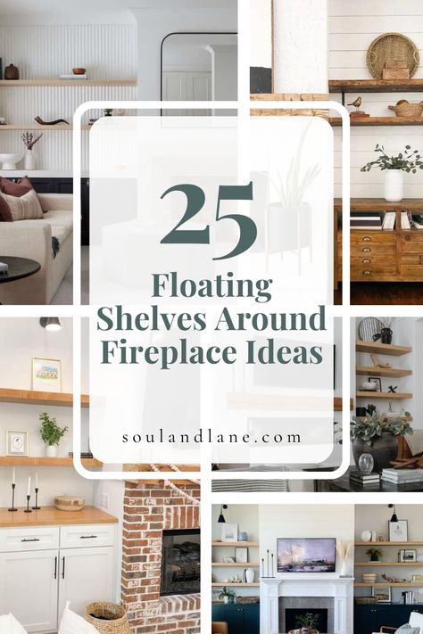 Elevate the elegance of your fireplace area with strategically placed floating shelves, creating a harmonious blend of form and function. These shelves offer a perfect solution for showcasing your treasured collections, art pieces, or even seasonal decorations, adding personal touches to the warmth of the fireplace. Discover how to select the right size, style, and finish of floating shelves to enhance your living space's aesthetic, from traditional to contemporary. Family Room Open Shelving Ideas, Storage Next To Fireplace Ideas, Floating Shelves Beside Fireplace Ideas, Cabinets And Shelves Next To Fireplace, Fireplace Tv Wall Floating Shelves, Bookcase On Either Side Of Fireplace, What To Put On The Sides Of A Fireplace, Floating Shelves Flanking Fireplace, Free Standing Cabinets Next To Fireplace