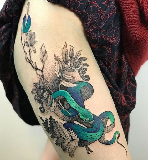 Joanna Swirska Dzo Lama snake thigh tattoo Snake Tattoo Colorful, Snake And Flowers Tattoo Color, Snake Color Tattoo, Colored Snake Tattoo, Color Snake Tattoo, Colorful Snake Tattoo, Snake Tattoo Color, Snake And Flowers Tattoo, Snake And Flowers