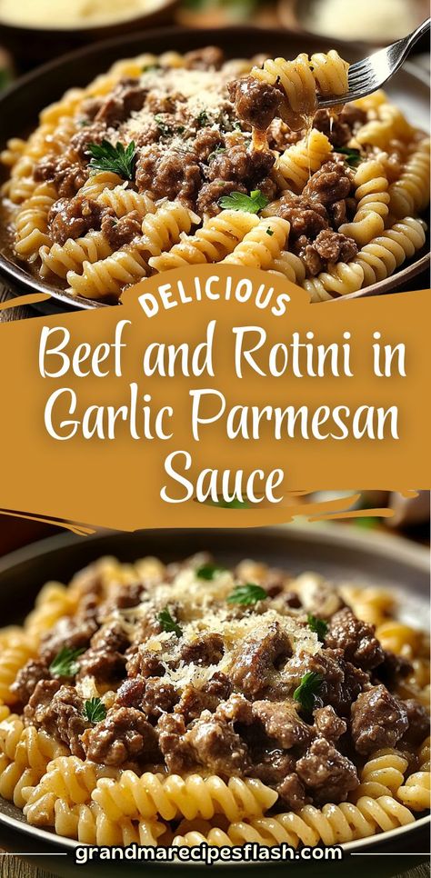 This Beef and Rotini in Garlic Parmesan Sauce is a creamy, savory dish that's full of flavor! Ground beef, rotini pasta, and a rich garlic Parmesan sauce come together for a hearty meal. Beef Pasta Recipes, Garlic Parmesan Sauce, Rotini Pasta, Parmesan Sauce, Dinner With Ground Beef, Beef Casserole Recipes, Pasta Dinner Recipes, Hearty Meal, Beef Recipes Easy