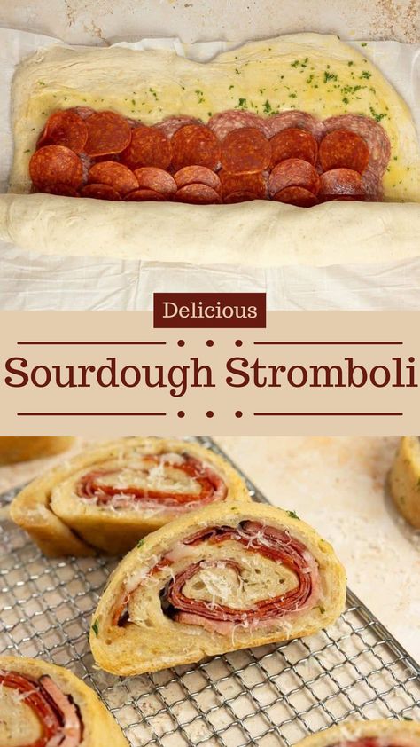 This savory sourdough stromboli pairs golden, crusty bread with robust ingredients like salami, pepperoni, Canadian bacon, and mozzarella cheese. It’s satisfying and simply made, serving well as the main course or a hearty appetizer. Sourdough Discard Stromboli, Sourdough Stromboli Recipe, Things To Do With Sourdough Bread, Pepperoni Sourdough Bread, Sourdough Meatballs, Sourdough Stromboli Dough, Sourdough Pepperoni Bread, Appetizers With Sourdough Bread, Sourdough Lunch Ideas