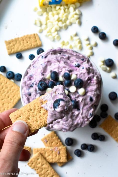 Blueberry White Chocolate Cheesecake Dip: Sweet and tangy, this cheesecake dip is jam-packed with fresh blueberries and white chocolate chips, and perfectly pairs with graham crackers for dipping for the ultimate no bake party dessert! | stressbaking.com #stressbaking #blueberries #blueberry #cheesecake #party #dip #summer Blueberry Cheesecake Dip, Chocolate Cheesecake Dip, Gorgeous Desserts, Incredible Desserts, Blueberry White Chocolate, Kundan Rangoli, Cake Dip, Party Dip, White Chocolate Cheesecake