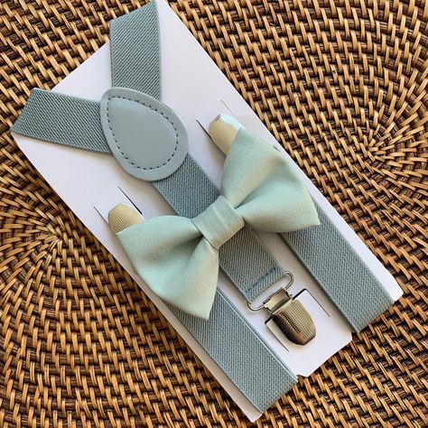 Sage Green Bow Tie & Grey Suspenders Easter Bow Tie - Etsy Sage Bow Tie, Sage Green Bow Tie, Rustic Wedding Ring Bearer, Wedding Ring Bearer Outfit, Rustic Ring Bearers, Wedding 101, Vintage Suspenders, Brown Suspenders, Grey Suspenders