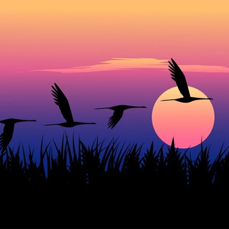 Flying Birds In Sunset Silhouette Art Nature, View Of Sunset, Bird Scenery Drawing, Birds Sunset, Birds In The Sky Painting, Birds Flying Silhouette, Grass Silhouette, Flying Bird Silhouette, Landscape Silhouette