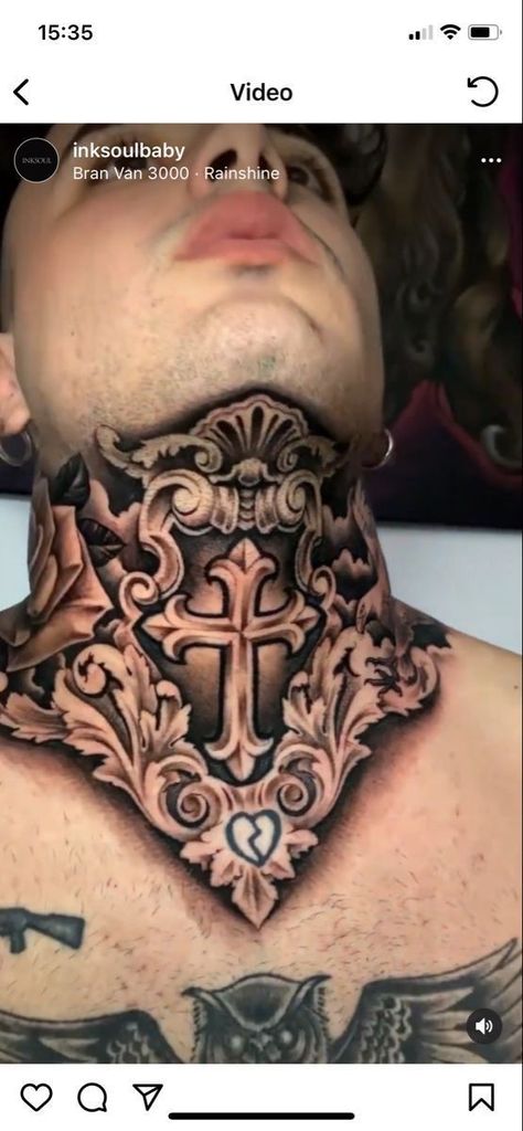 Front Throat Tattoo, Cross Throat Tattoo, Full Neck Tattoos For Men, Steam Punk Tattoo, Front Neck Tattoos For Men, Neck And Throat Tattoos Men, Religous Tattoo, Vertical Tattoo, Front Neck Tattoo