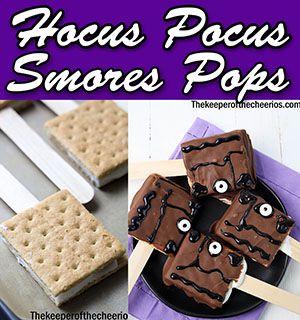 Hocus Pocus Book Of Spells Smores Pops - The Keeper of the Cheerios Smore Pops, Hocus Pocus Book Of Spells, Marshmellow Treats, Smores Treats, Smores Pops, Hocus Pocus Book, Halloween Snacks For Kids, Hocus Pocus Party, Book Of Spells