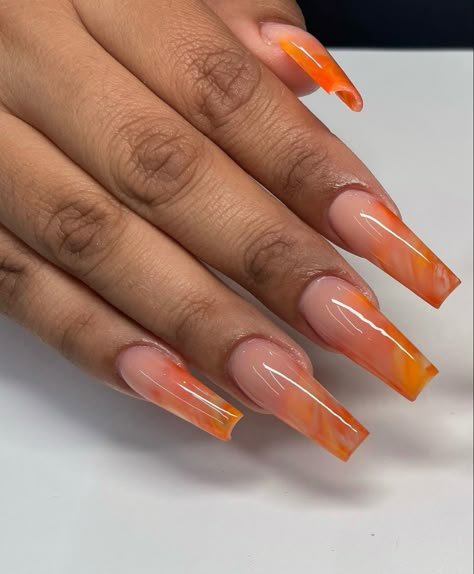 Orangey Red Nails Design, Orange And Silver Nails Acrylic, Orange Marble Nails Acrylic, Nails With Orange Tips, White Orange Nails, Nails Inspo Orange, Orange Abstract Nails, Orange Marble Nails, Nail Inspo Orange