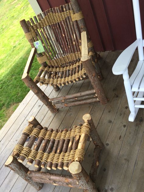 Vermont chair & foot rest Recycled Chairs Diy Projects, Bamboo Furniture Outdoor, Log Furniture Diy, Log Chairs, Branch Furniture, Rustic Outdoor Furniture, Twig Furniture, Rustic Log Furniture, Handmade Chair