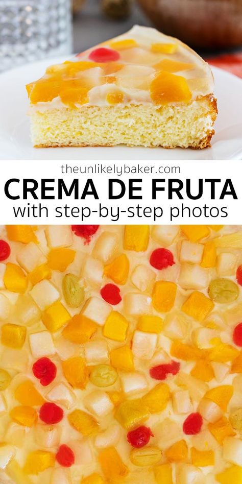 Crema de Fruta is a traditional Filipino dessert made with layers of sponge cake, sweet custard, gelatine and fruit. It’s fun, festive and delicious! Perfect for the holidays. It’s fun to make too. Follow along with step-by-step photos. #filipinocuisine #filipinodessert #christmasdessert Easy Filipino Recipes, Donut Ideas, Sweet Custard, Philippines Recipes, Filipino Dessert, Fluffy Cake, Hawaiian Dishes, Filipino Foods, Holiday Dishes