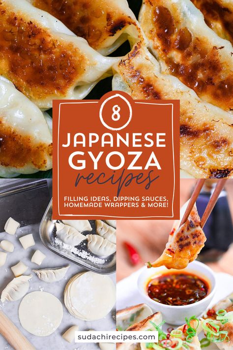 A collage of gyoza pictures including a close up of pan-fried gyoza, homemade gyoza wrappers and a single beef gyoza dumpling being dipped in a spicy dipping sauce Gyoza Recipe Shrimp, Sauce For Gyoza, Gyoza Recipe Vegetarian, Gyoza Filling Recipes, Gyoza Recipe Pork, Japanese Dumplings Recipe, Steamed Gyoza, Shrimp Gyoza Recipe, Fried Siomai