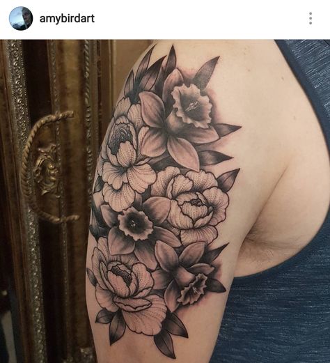 Black and grey daffodils and dotwork peony tattoo by Amy Williams Tattoo Flower Coverup Tattoo Ideas, Black And Grey Daffodil Tattoo, Peony And Daffodil Tattoo, Tattoo Stippling, Arm Tattoos Cross, March Tattoo, Narcissus Tattoo, Best Flower Tattoos, Rose Flower Tattoo