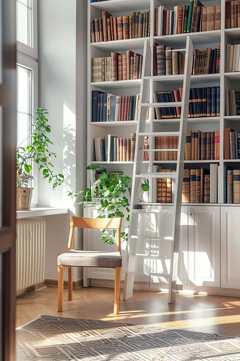 Snug Room Ideas, Hallway Shelves, Tiny Coffee Shop, 1930s House Interior, Library At Home, Ceiling Shelves, Home Library Rooms, Snug Room, Library Ladder