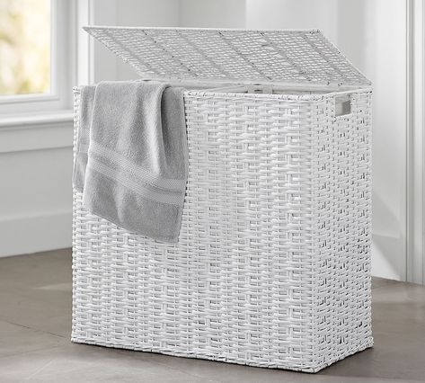 Perry Divided Hamper & Liner, White at Pottery Barn Pottery Barn Bathroom, Toilet Paper Basket, Farmhouse Bathroom Accessories, Anthropologie Bedding, Barn Bathroom, Laundry Sorting, Wicker Hamper, White Laundry, Contemporary Living Room Furniture