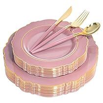 Gold Disposable Plates, Pink Paris Party, Aurora Party, 15th Birthday Decorations, Gold Plastic Silverware, Clear Plastic Plates, 80th Birthday Decorations, Gold Plastic Plates, Purple Plates