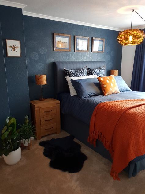 Navy And Burnt Orange Bedroom, Navy Blue And Orange Bedroom, Navy And Orange Bedroom, Blue And Orange Bedroom Ideas, Blue And Orange Bedroom, Indigo Bedroom, Plum Bedroom, Burnt Orange Bedroom, Navy House