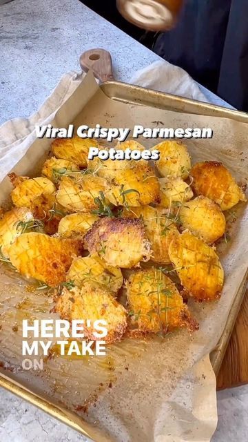 Healthy Food Prep 🌱🍳🥗🍝 on Instagram: "Viral Crispy Parmesan Potatoes- Credit: @vessys_gourmet_kitchen . my take on the viral recipe Ingredients: 1.5 lbs baby Dutch yellow potatoes 3 tbs olive oil 1 tbs melted butter 1 sprig rosemary Fresh thyme Salt to taste Black pepper to taste Espelette or paprika to taste Garlic powder to taste 1 cup grated Parmigiano Regiano Method: 1. Wash and half potatoes lengthwise and score each half; 2. Season potatoes with olive oil, butter, salt, pepper Baby Dutch Yellow Potatoes, Season Potatoes, Potato Casseroles, Crispy Parmesan Potatoes, Thyme Salt, Rosemary Recipes, Olive Oil Butter, Seasoned Potatoes, Yellow Potatoes