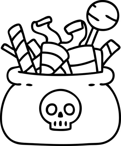 line doodle of a halloween candy bag full of treats Candy Bag Ideas, Halloween Candy Bag Ideas, Candy Drawing, Chocolate Bowl, Line Doodles, Treat Basket, Halloween Candy Bags, Candy Basket, Drawing Bag