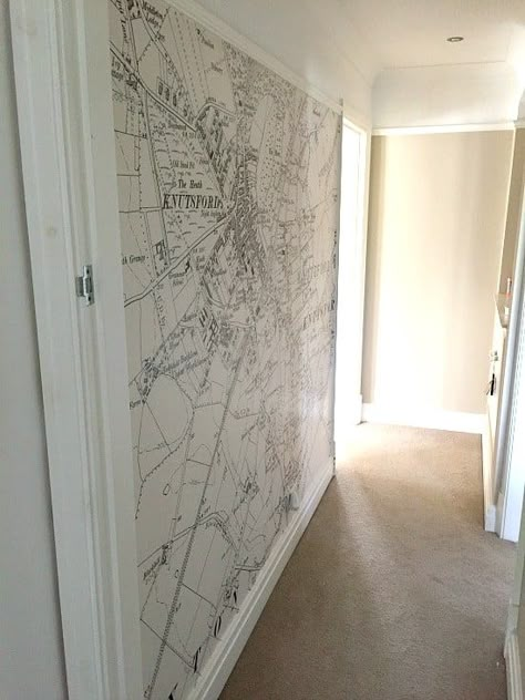 Decorating A Narrow Hallway, Narrow Hallway Decorating Ideas, Wallpaper Bedroom Feature Wall, Wallpaper Hallway, Feature Wall Ideas, Feature Wall Bedroom, Hallway Wallpaper, Map Murals, Narrow Hallway Decorating