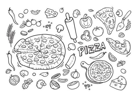 Pizza set doodle | Premium Vector #Freepik #vector #food Play Pizza Shop, Pizza Doodle, Pizza Coloring Page, Pizza Icon, Pizza Tattoo, Pizza Cartoon, Pizza Drawing, Pizza Vector, Food Illustration Design