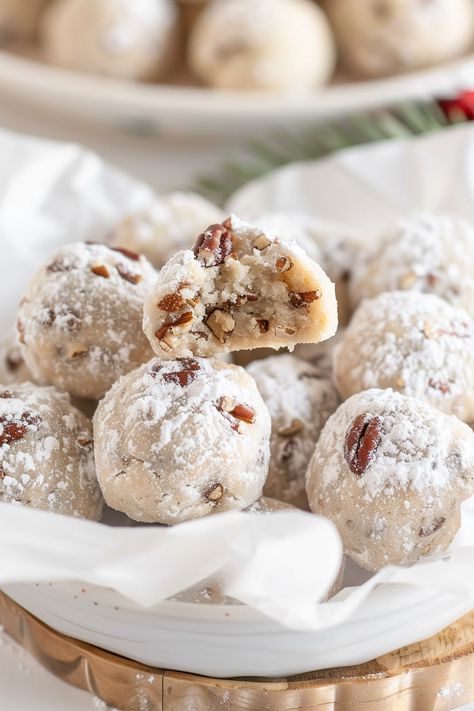 Pecan Snowball Cookies Pecan Snowball Cookies Christmas, Sweetened Condensed Milk Snow Ball Cookies, Butter Pecan Snowball Cookies, Buttery Pecan Snowball Cookies, Christmas Snowball Cookies, Snowball Christmas Cookies, Yule Traditions, Snow Cookies, Snowballs Recipe