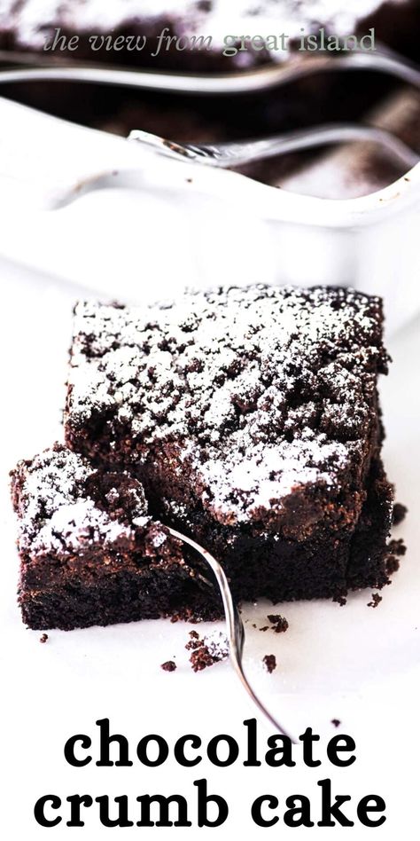 A generously decadent chocolate crumb cake for any occasion ~ halve this coffee cake recipe for a smaller breakfast crowd! Chocolate Crumb Cake Recipe, Chocolate Crumb Cake, Moist Coffee Cake, Chocolate Crumbs, Crumb Cake Recipe, Cake Mug, Recipes Chocolate, Coffee Cake Recipes, Flourless Chocolate