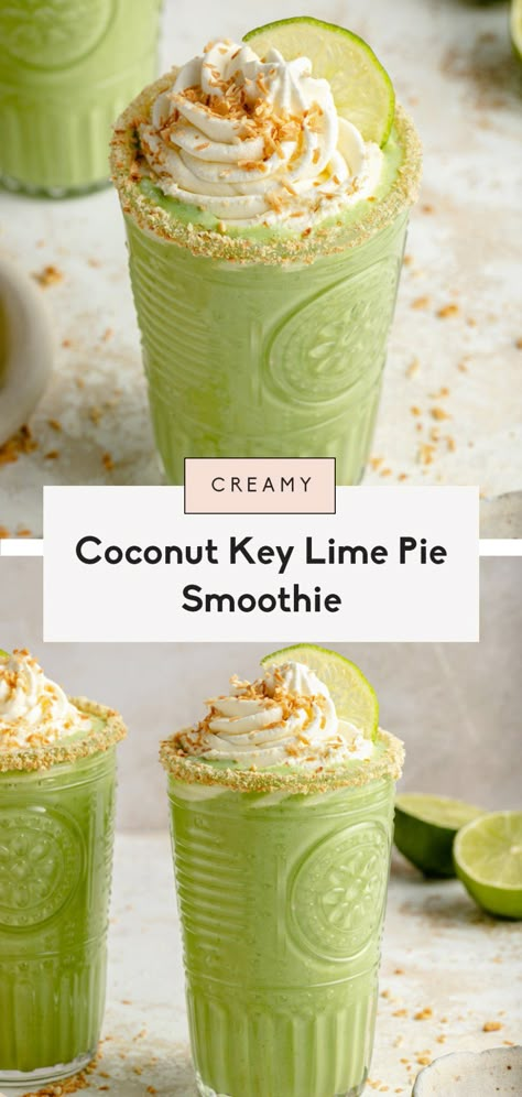 Creamy coconut key lime pie smoothie made with simple ingredients and luscious hints of coconut. This incredible key lime pie smoothie recipe tastes just like a slice of your favorite dessert but is packed with protein and a boost of sneaky veggies! Enjoy the perfect breakfast, snack or even healthy dessert. #smoothie #keylimepie #coconut #healthybreakfast #healthydessert #healthysnack Key Lime Pie Smoothie, Sneaky Veggies, Key Lime Yogurt, Creamy Key Lime Pie, Lime Recipes, Ambitious Kitchen, Dessert Smoothie, Walmart Photos, Dairy Free Yogurt