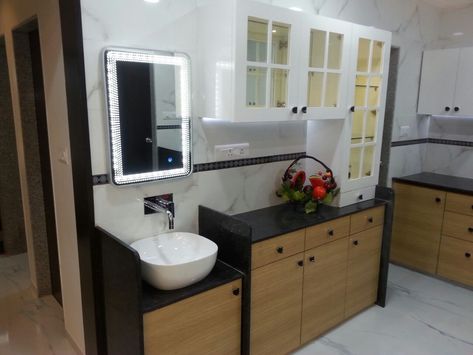 Kitchen with crockery cabinet Crockery Cabinet With Wash Basin, Washbasin With Crockery Unit, Crockery Cabinet Design With Wash Basin, Crockery Unit Design With Wash Basin, Crockery Unit With Wash Basin, Pantry Transformation, Crockery Cabinet Design, Flat Renovation, Service Table