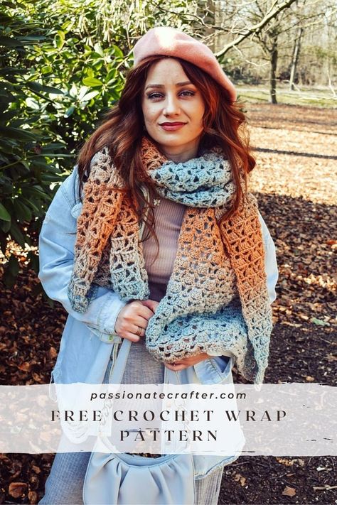 Free easy and fast crochet wrap/scarf. Beginner-friendly pattern. Modern and stylish looking wrap, made by using self-striped yarn. Lionbrand Scarfie yarn. Prayer Shawl Crochet Pattern, Scarfie Yarn, Crochet Triangle Scarf, Fast Crochet, Crochet Wrap Pattern, Easy Wrap, Cozy Crochet Patterns, Crochet Cowl Pattern, Spring Nights