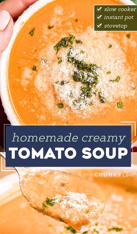 Homemade Creamy Tomato Soup, Crockpot Tomato Soup, Slow Cooker Tomato Soup, Tomato Bisque Soup, Soup Slow Cooker, Soup Tomato, The Chunky Chef, Creamy Tomato Basil Soup, Chunky Chef