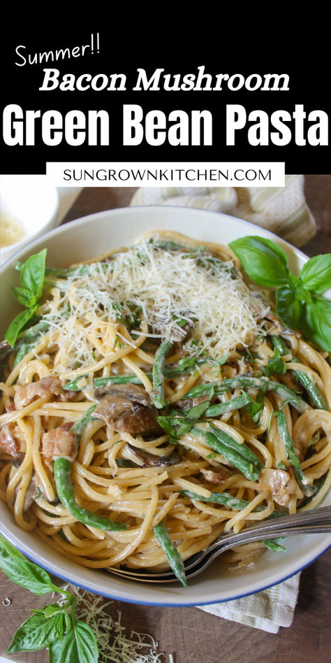 Bacon Mushroom Green Bean Pasta Green Bean Pasta, Bean Pasta Recipes, Pasta With Green Beans, Green Beans With Bacon, Bean Pasta, Bacon Stuffed Mushrooms, Bacon Pasta, Mushroom And Onions, Green Bean Recipes