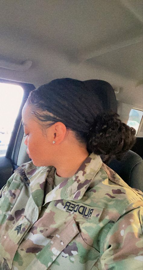 Military loc bun, low bun loc style Locs In Low Bun, Low Bun Dreadlock Hairstyles, Locs In A Low Bun, Low Bun With Locs, Military Loc Styles, Locs Low Bun, Loc Low Bun, Locs In Bun, Low Bun Locs